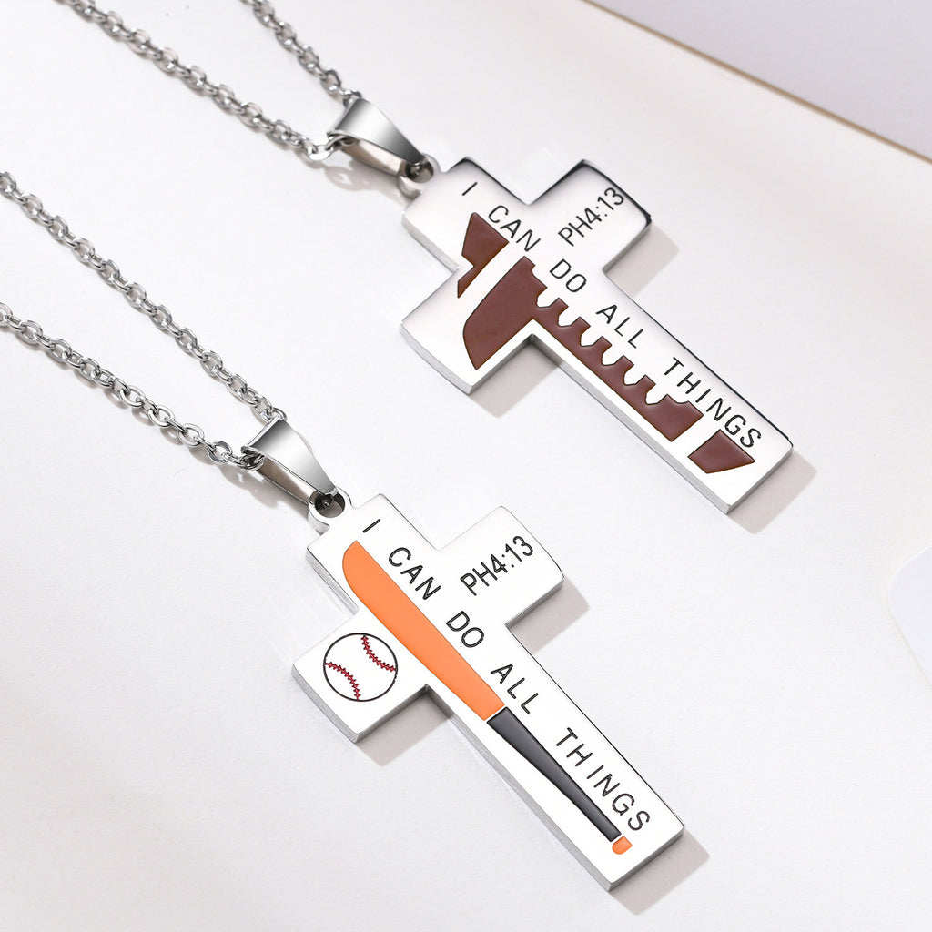 Stainless Steel Corrosion Football Element Cross Pendant Baseball Necklace Steel Men's Jewelry